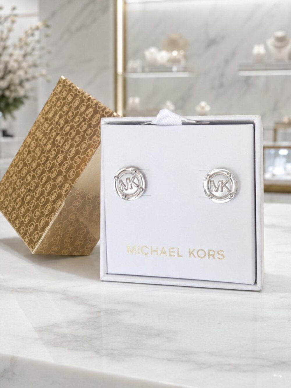 Michael Kors MK Logo Disk Stud Earrings Silver Tone 14mm Authentic NWT